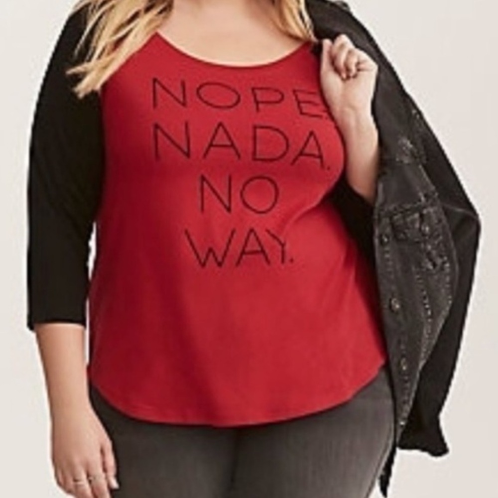 TORRID Size 2 Raglan Scoop Neck Nope Nada No Way Red & Black Tee